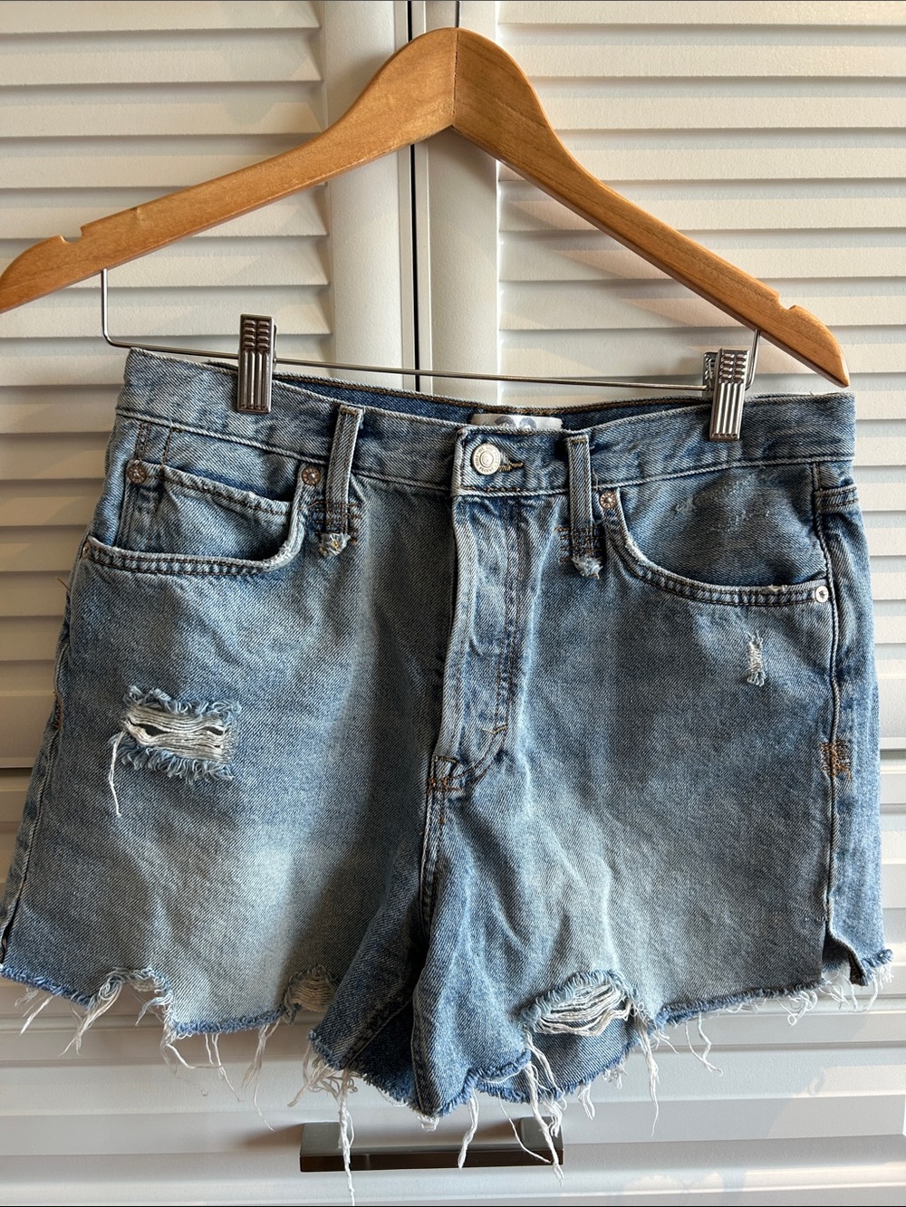 Free People Classic Distressed Denim Shorts - Light Blue